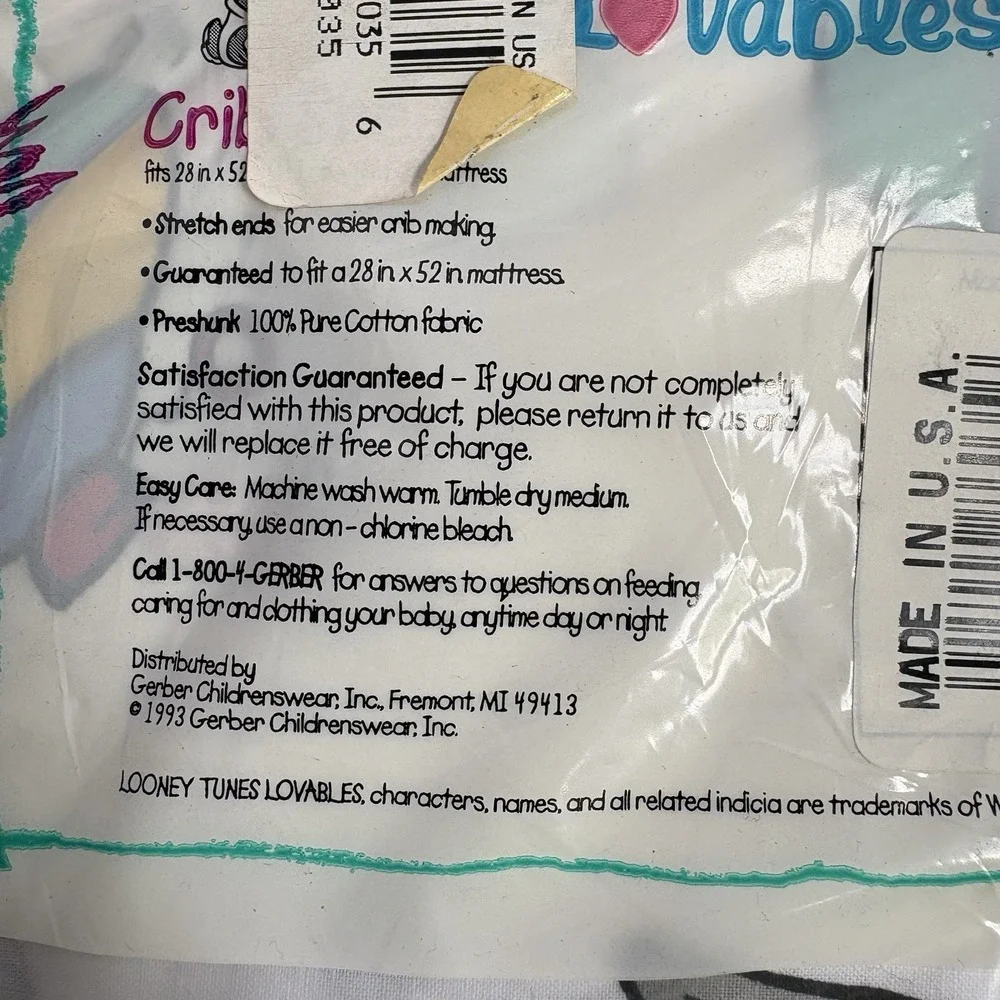 Vintage 1993 Looney Tunes Lovables Baby Sylvester Crib Sheet NOS Sealed Cotton